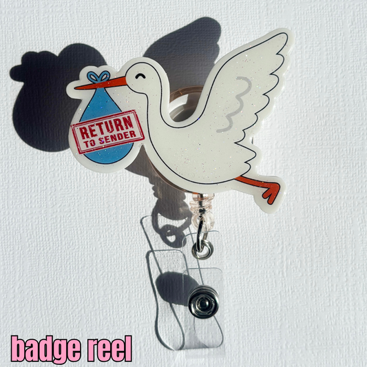 funny stork, labor and delivery nurse badge reel