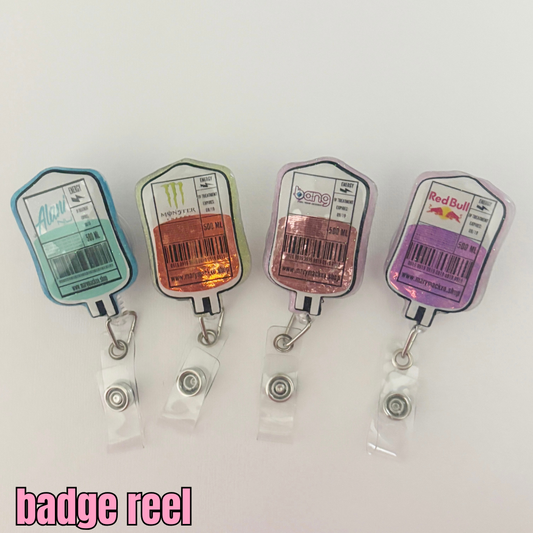 iv bag, energy drink badge reel