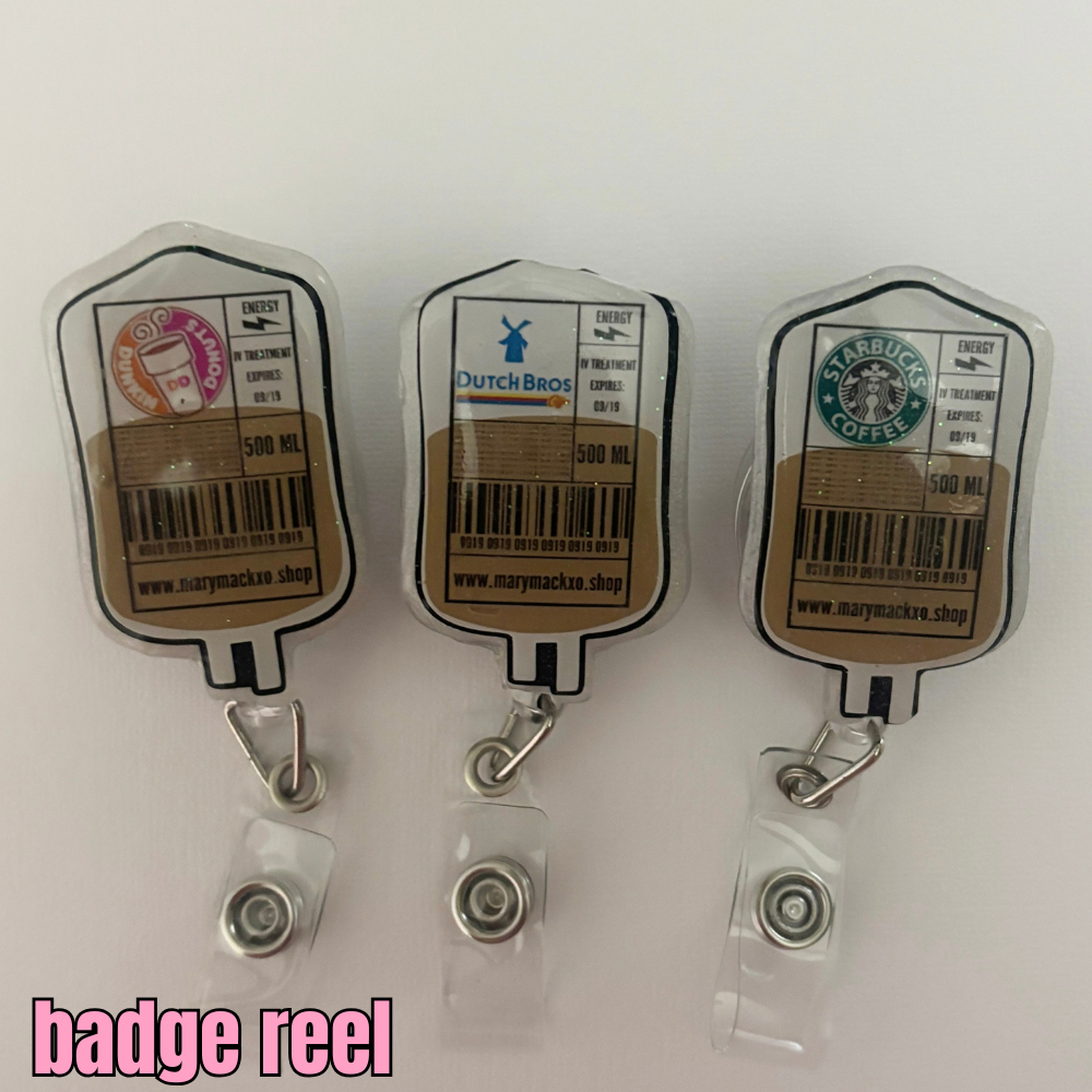 iv bag, coffee drink badge reel
