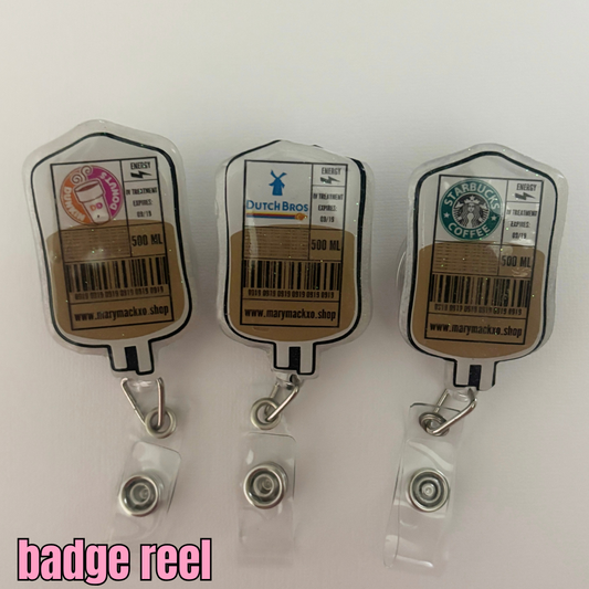 iv bag, coffee drink badge reel