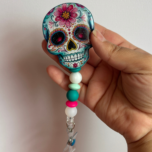 sugar skull, dia de los muertos beaded badge reel