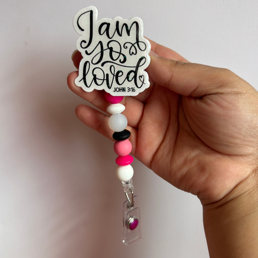 John 3:16 scripture, motivational beaded badge reel