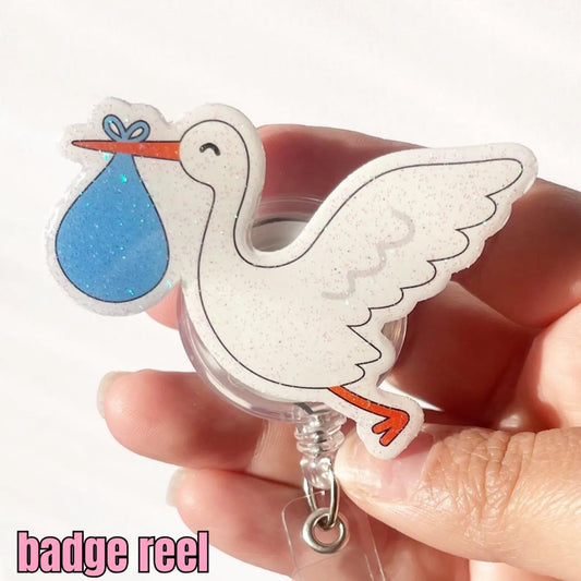stork with blue bag, labor and delivery nurse badge reel